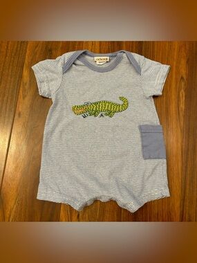 Cach Cach Embroidered Crocodile Blue Stripe Short Sleeve Romper